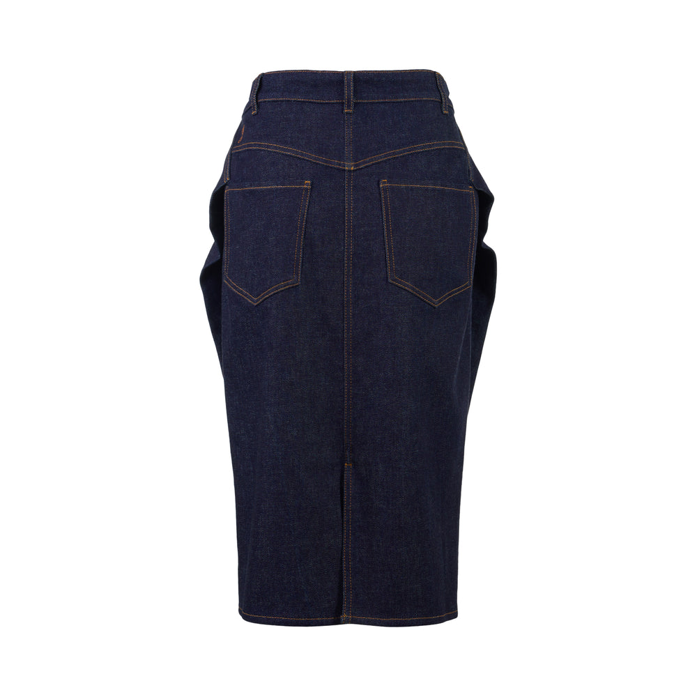 Jacquemus La Jupe Cubisto dark indigo denim midi skirt with contrast topstitching, high waist, and curved sculptural silhouette, shown from the front - view 2