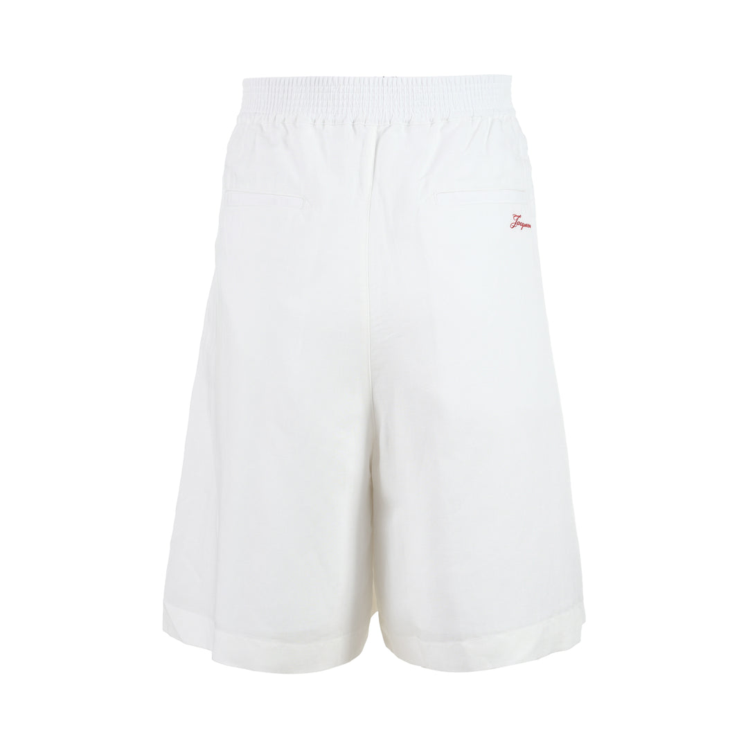 Jacquemus white pyjama shorts with sketched chain print down the legs, elasticated waistband and contrast red side stripe - view 2
