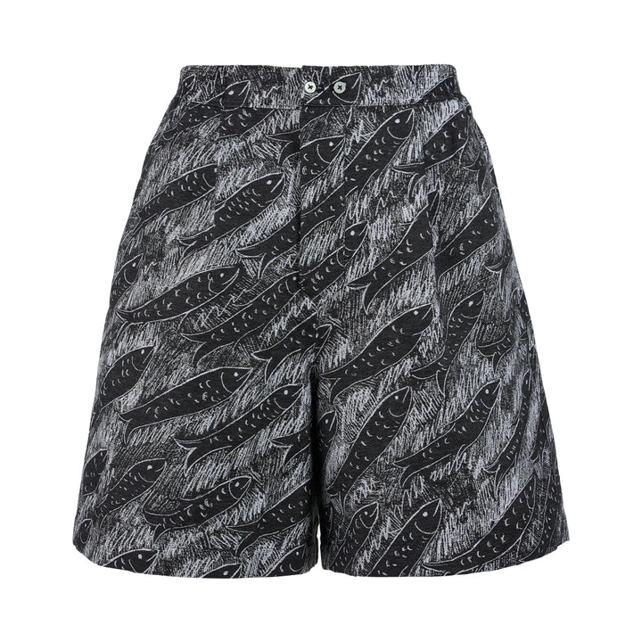 Jacquemus Le Short Pyjama shorts in a black and white chalk-drawn fish print with an elasticated waist and two-button front