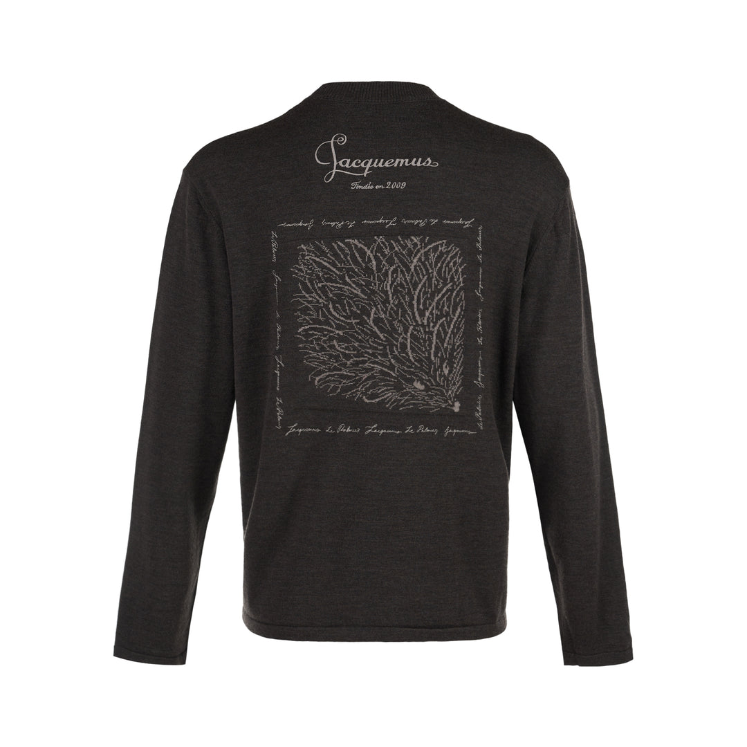 Jacquemus charcoal knit sweater with mock neckline and intarsia J monogram with Le Palmier script at the chest - view 2