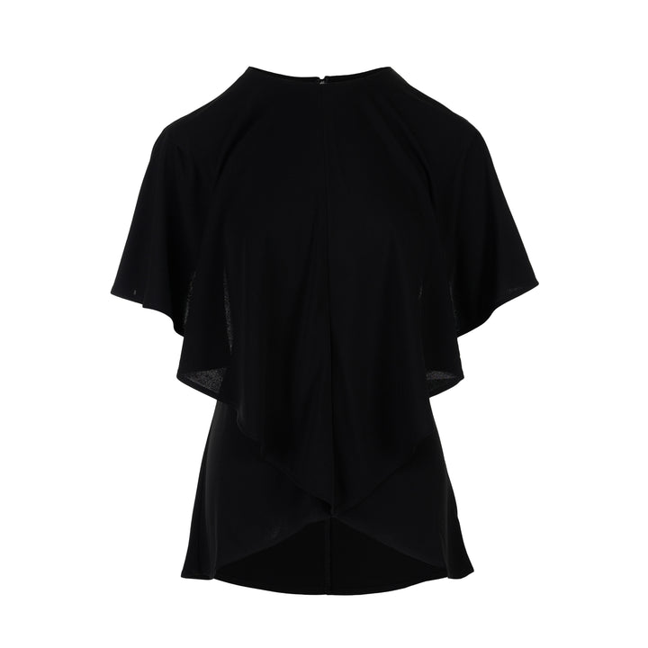 Jacquemus Pisco black draped top with flutter sleeves, round neckline and curved layered hem