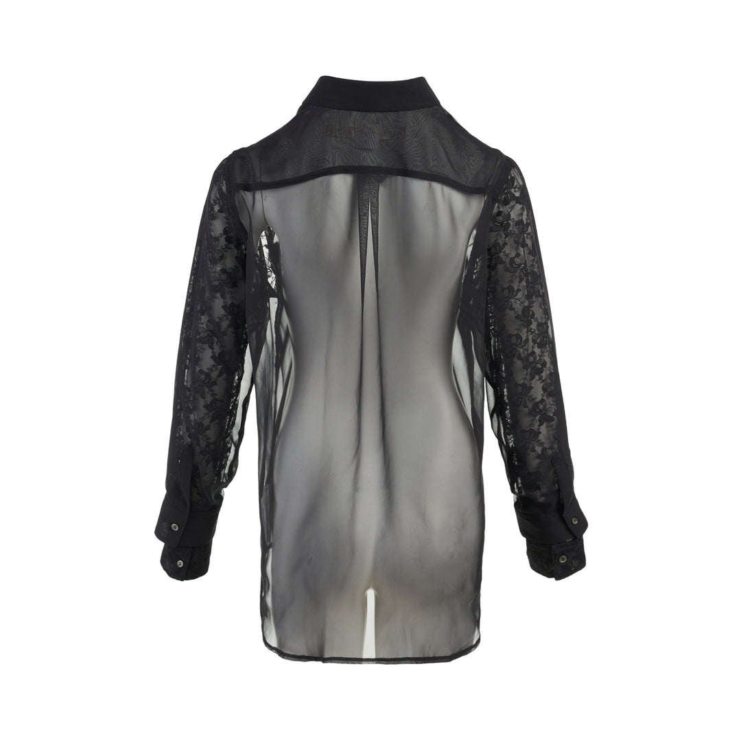 Comme des Garçons black sheer georgette button-up shirt with floral lace sleeves, chest pocket and lace cuffs - view 2
