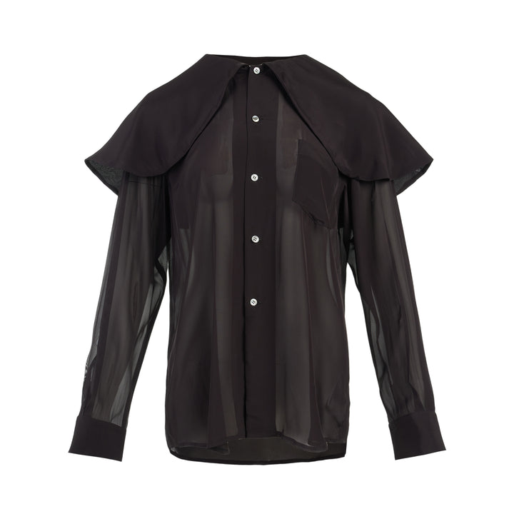 Comme des Garçons sheer black rayon georgette shirt with oversized layered cape collar, patch chest pocket and mother-of-pearl buttons