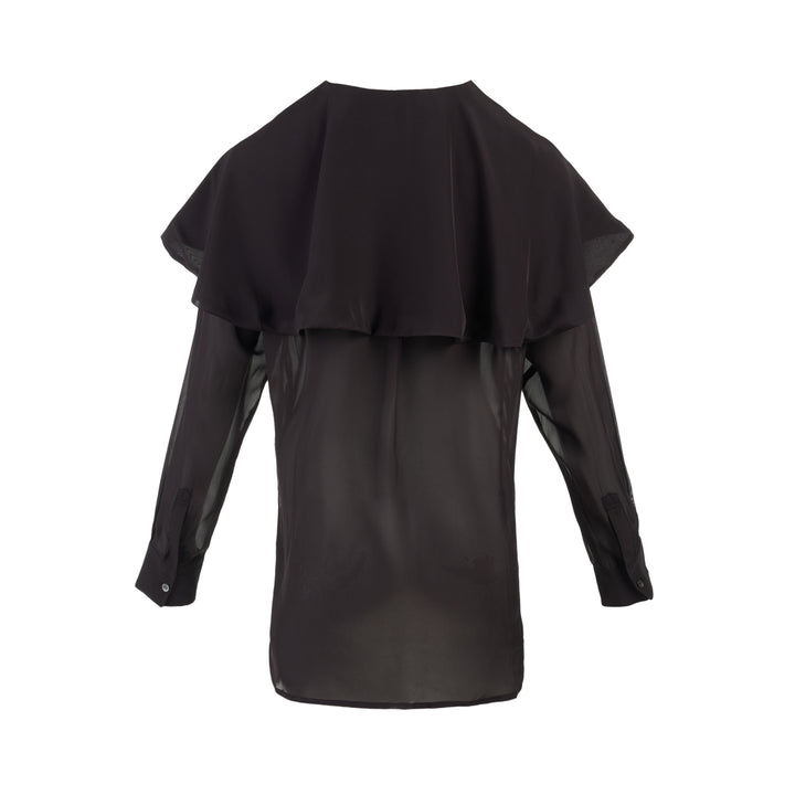 Comme des Garçons sheer black rayon georgette shirt with oversized layered cape collar, patch chest pocket and mother-of-pearl buttons - view 2