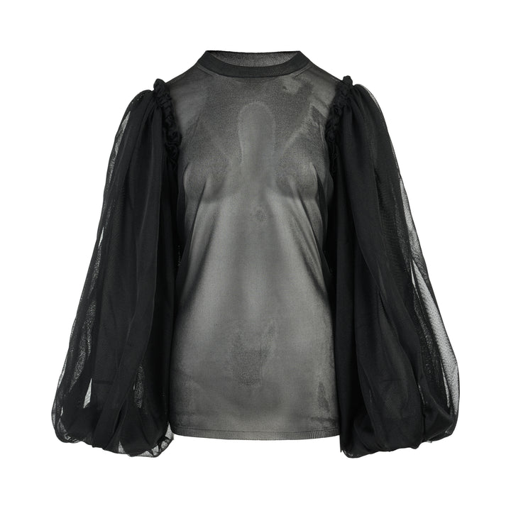 Comme des Garçons black sheer jersey blouse with voluminous balloon sleeves and gathered shoulder details, shown from the front