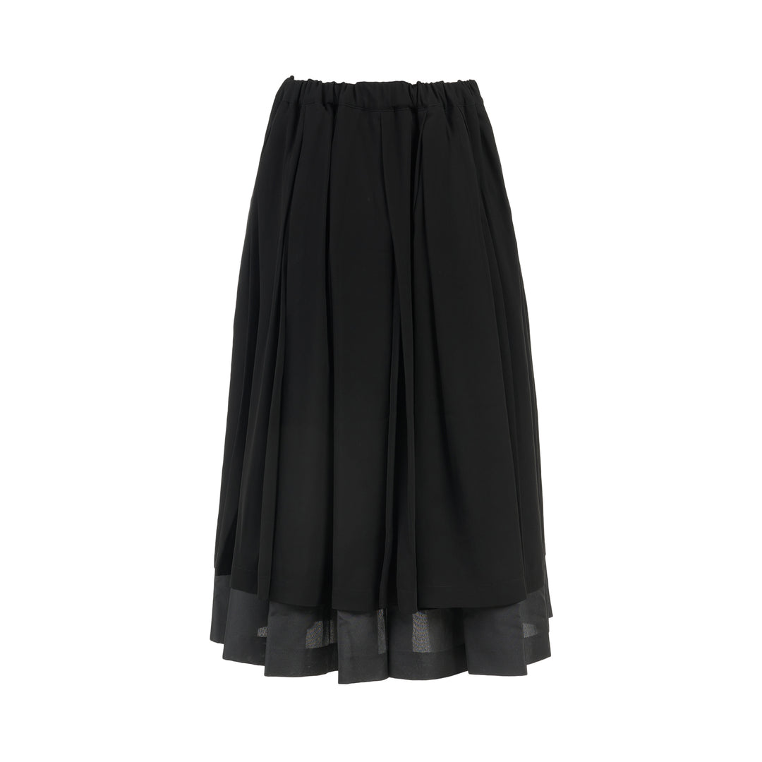 Comme des Garçons black pleated midi skirt with elasticated waist and sheer layered hem