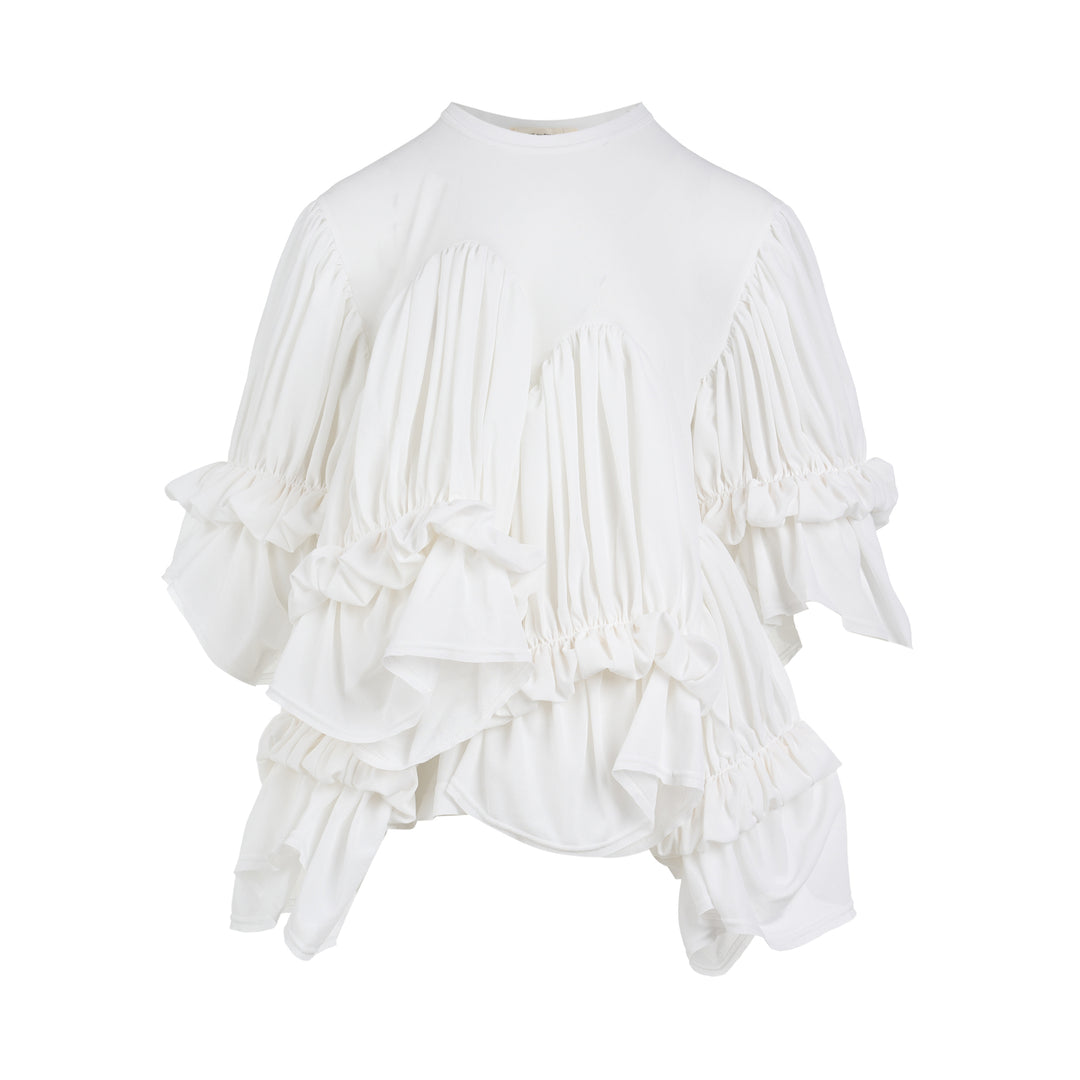 Comme des Garçons white ruffled tiered tee with pleated scalloped panels and gathered puff sleeves
