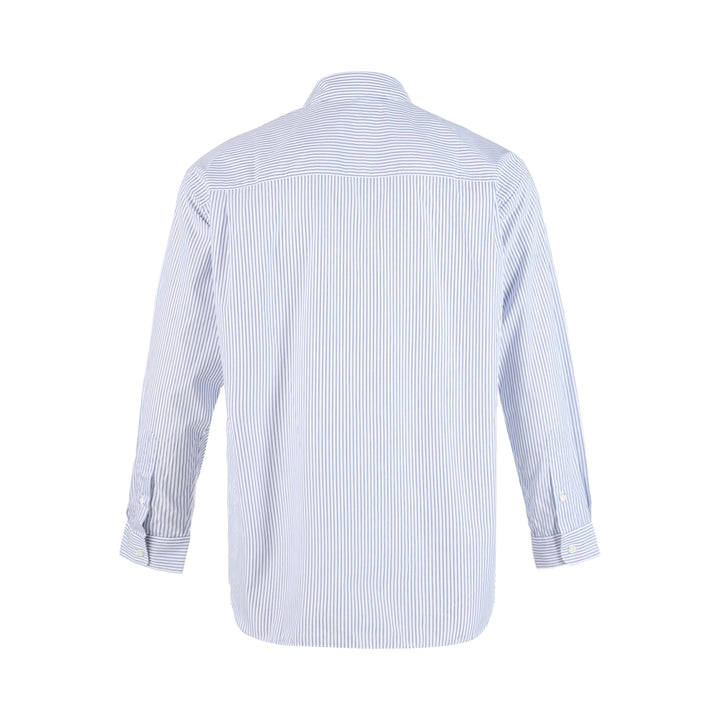 Comme des Garçons Homme long sleeve zip front shirt in blue and white pinstripe with pointed collar and chest patch pocket - view 2