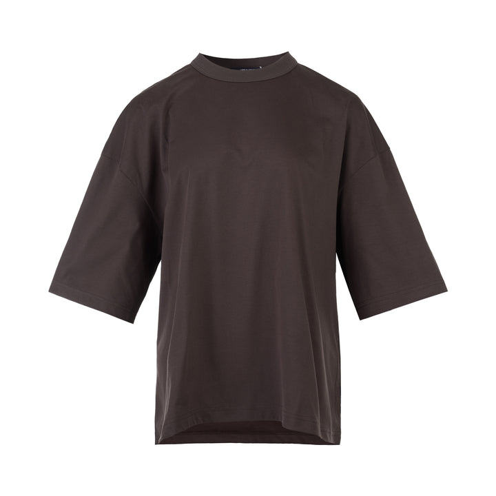 Comme des Garçons Homme Logo Tag Boxy Tee in dark brown with ribbed crewneck, dropped shoulders and wide short sleeves, shown flat from the front