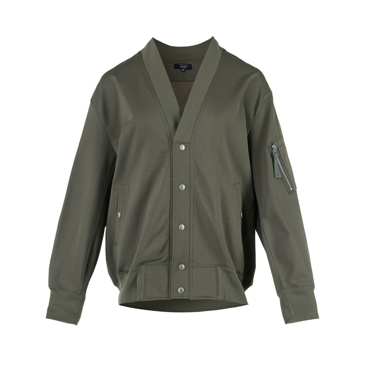 Comme des Garçons Homme olive green snap button cardigan with ribbed V-neck, sleeve zip pocket and ribbed hem