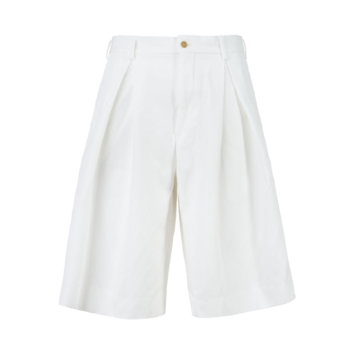 Comme des Garçons Homme Plus white crinkle shorts with deep front pleats and a wide knee-length leg