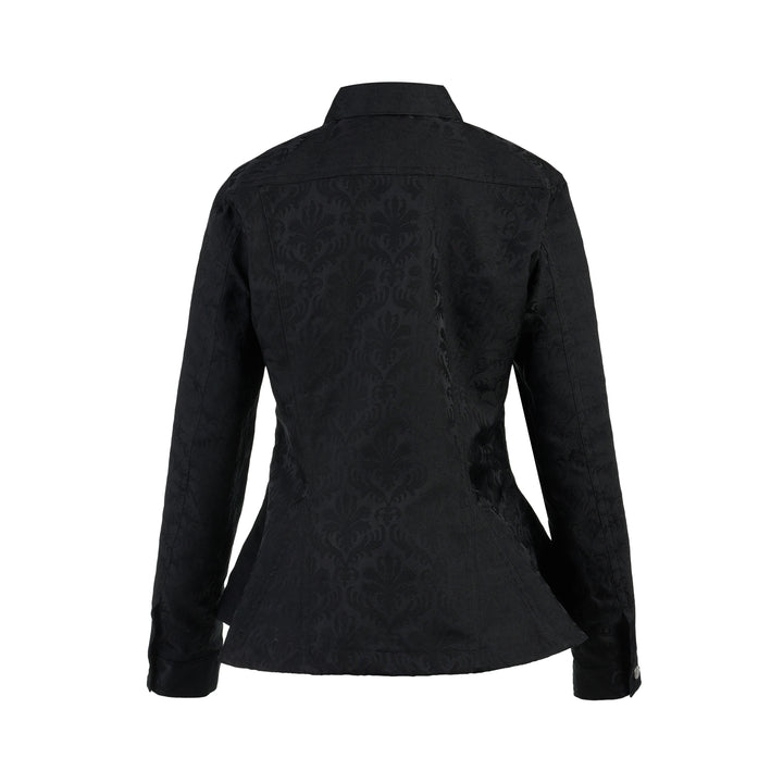 Comme des Garçons Comme des Garçons black damask jacquard peplum jacket with silver buttons and chest flap pockets, front view - view 2