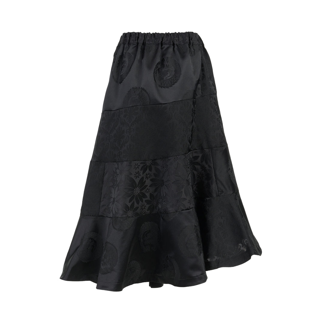 Black jacquard patchwork midi skirt with elasticated waist and asymmetric tiered flounce hem by Comme des Garçons Comme des Garçons - view 2
