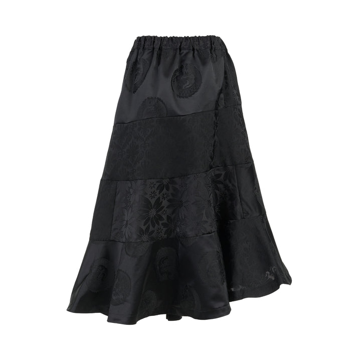 Black jacquard patchwork midi skirt with elasticated waist and asymmetric tiered flounce hem by Comme des Garçons Comme des Garçons - view 2