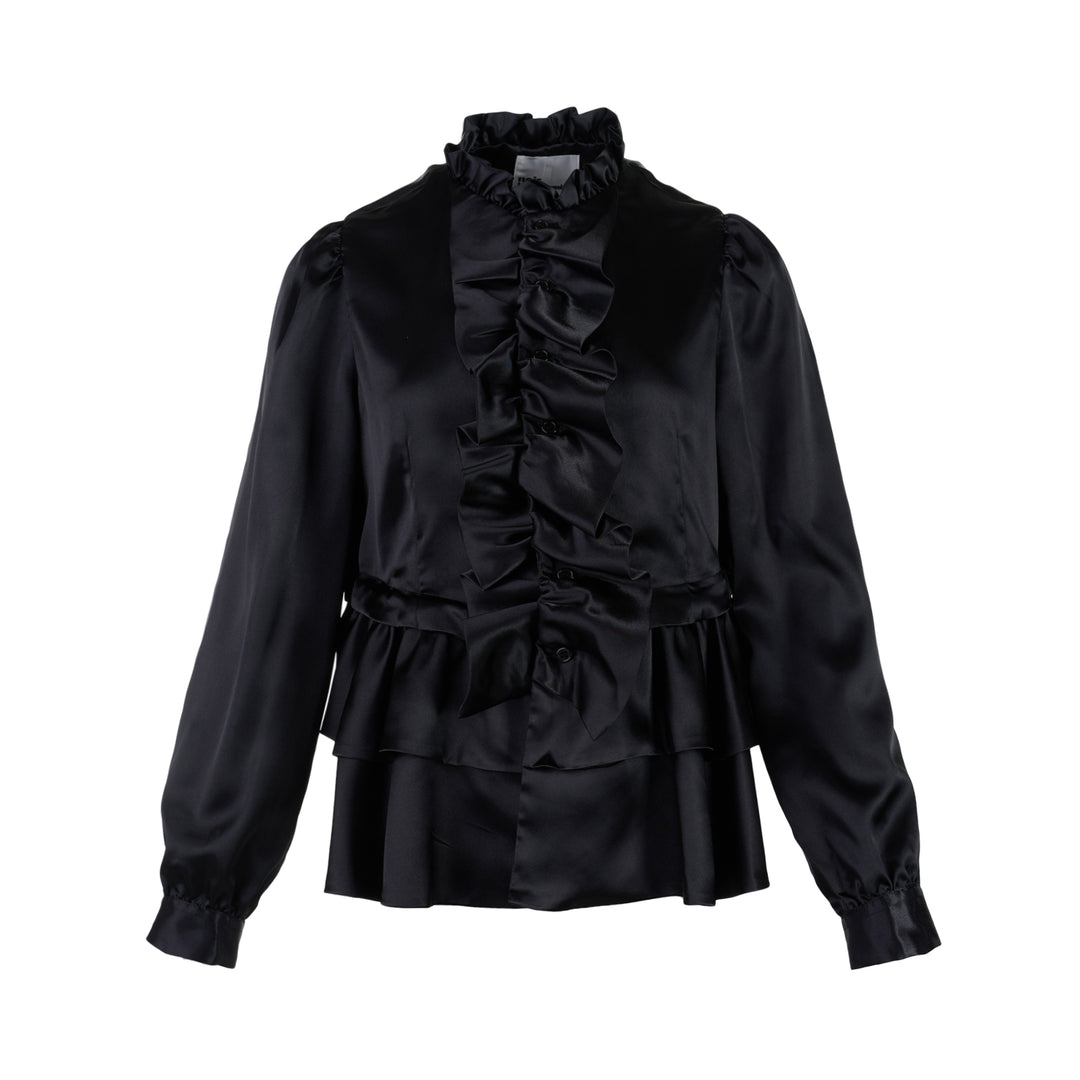 Noir Kei Ninomiya black satin blouse with ruffled stand collar, cascading ruffle placket, long sleeves and tiered peplum hem