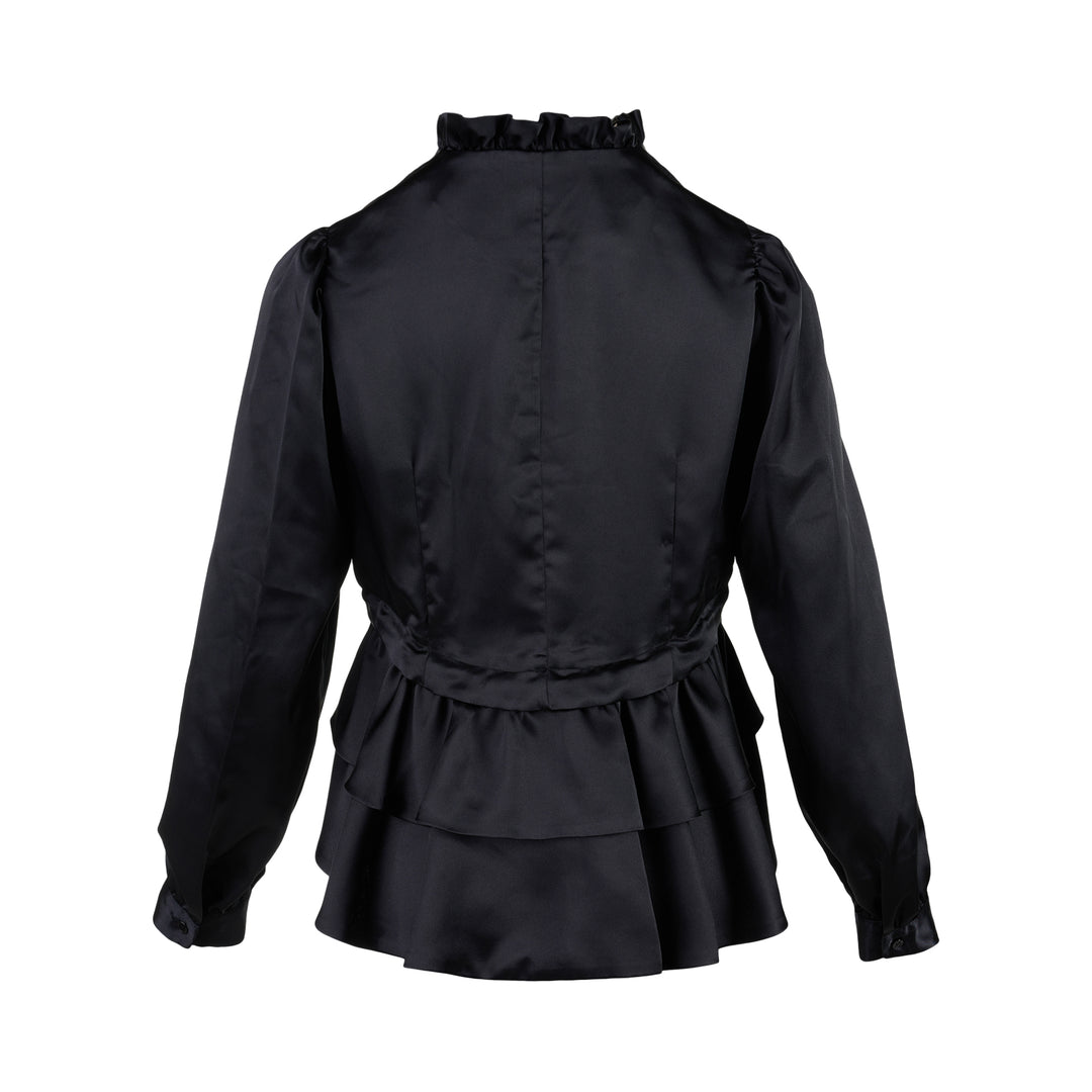 Noir Kei Ninomiya black satin blouse with ruffled stand collar, cascading ruffle placket, long sleeves and tiered peplum hem - view 2