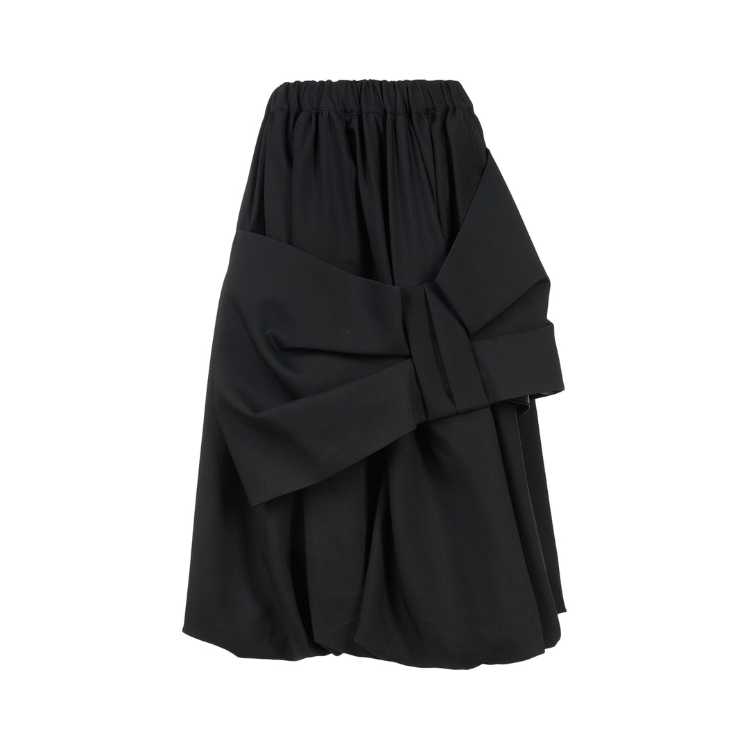 Noir Kei Ninomiya black wool doeskin midi skirt with an oversized sculptural bow, gathered elastic waist and bubble hem