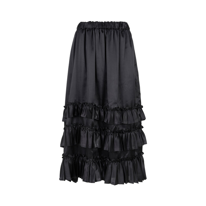 Black satin midi skirt with elasticated waist and three tiers of gathered ruffles at the hem by Noir Kei Ninomiya