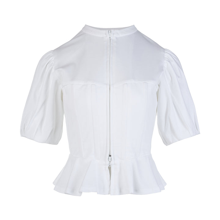 Noir Kei Ninomiya white cotton ponte top with corset-style seaming, puff sleeves, peplum hem and front zip closure