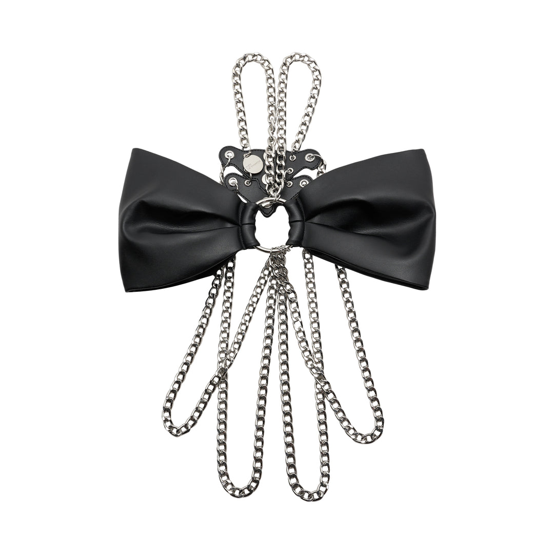 Noir Kei Ninomiya black synthetic leather vest with silver studs, grommets and cascading silver-tone curb chains - view 2
