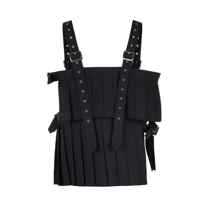 Noir Kei Ninomiya black pleated vest in wool polyester gabardine with grommet-studded buckle straps and layered peplum - view 2