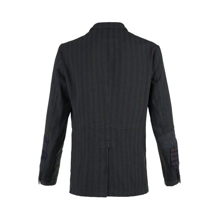 Junya Watanabe MAN charcoal pinstripe jacket with mixed wool patchwork panels, stand collar and flap pockets, front view - view 2
