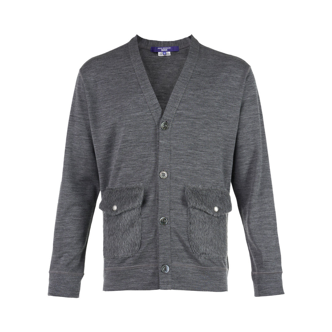 Junya Watanabe MAN grey marl button-up cardigan with V-neck and two textured faux fur flap pockets