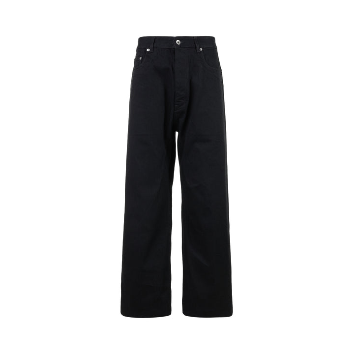Rick Owens Geth Jeans in black denim with a wide-leg silhouette, shown from the front with button fly and five-pocket detailing