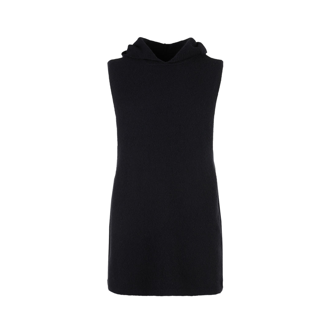 Rick Owens black sleeveless hooded tank in textured knit, shown from the front on a white background