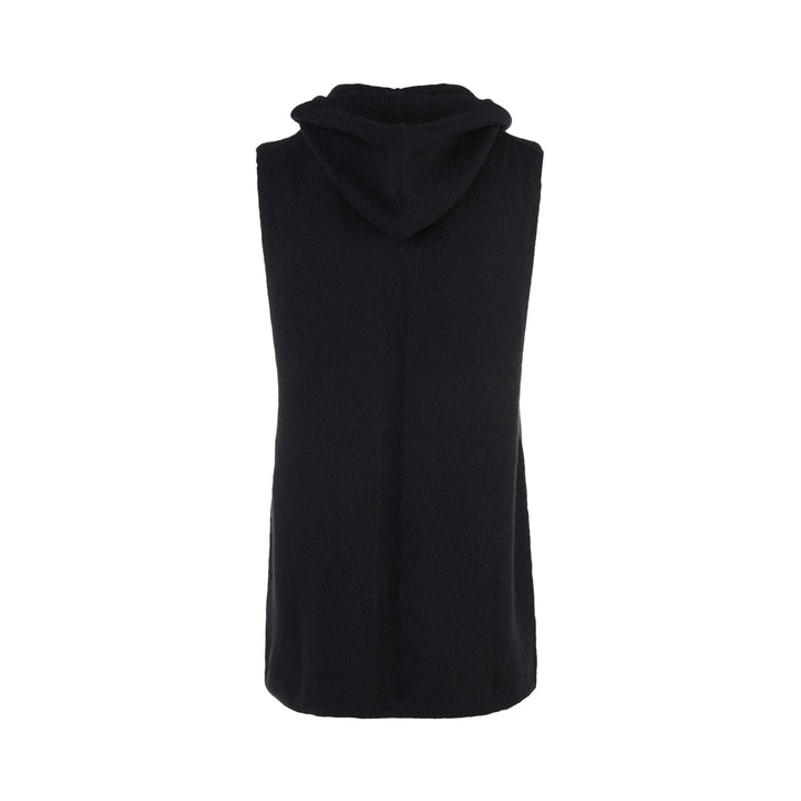 Rick Owens black sleeveless hooded tank in textured knit, shown from the front on a white background - view 2