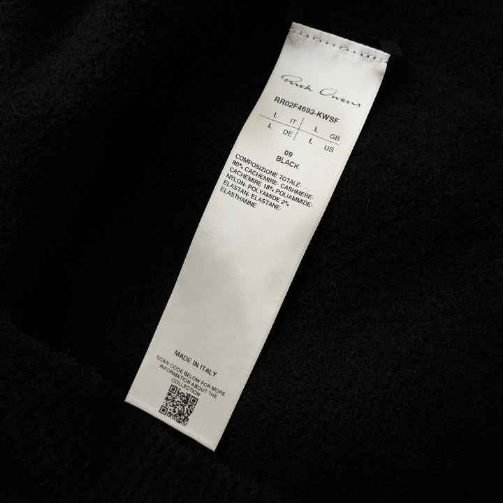 Rick Owens black cropped knit hoodie with fitted silhouette, ribbed hem and long sleeves, shown flat against a white background - view 3
