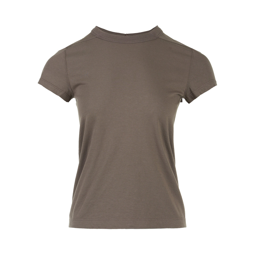 Rick Owens Cropped Level T-Shirt in muted taupe-grey with ribbed crew neck and short cap sleeves, front view