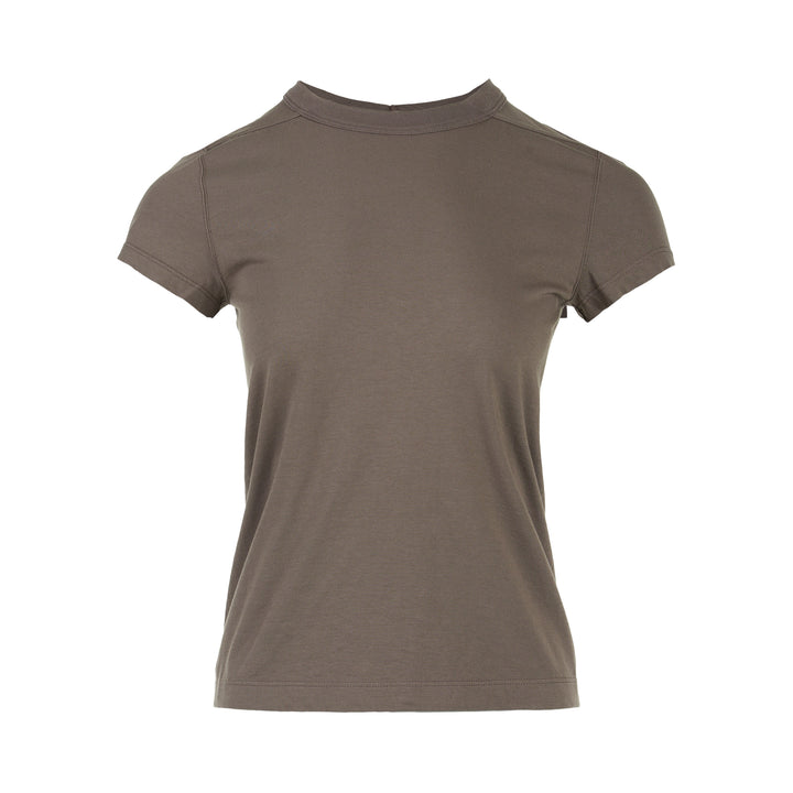 Rick Owens Cropped Level T-Shirt in muted taupe-grey with ribbed crew neck and short cap sleeves, front view
