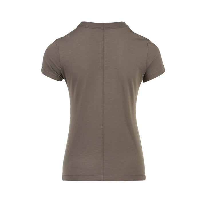 Rick Owens Cropped Level T-Shirt in muted taupe-grey with ribbed crew neck and short cap sleeves, front view - view 2