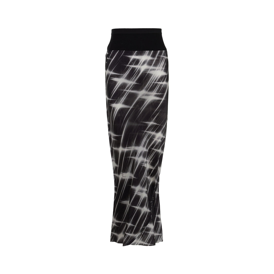Rick Owens calf-length bias skirt in black with a white starburst print, ribbed black waistband and curved slit at the hem