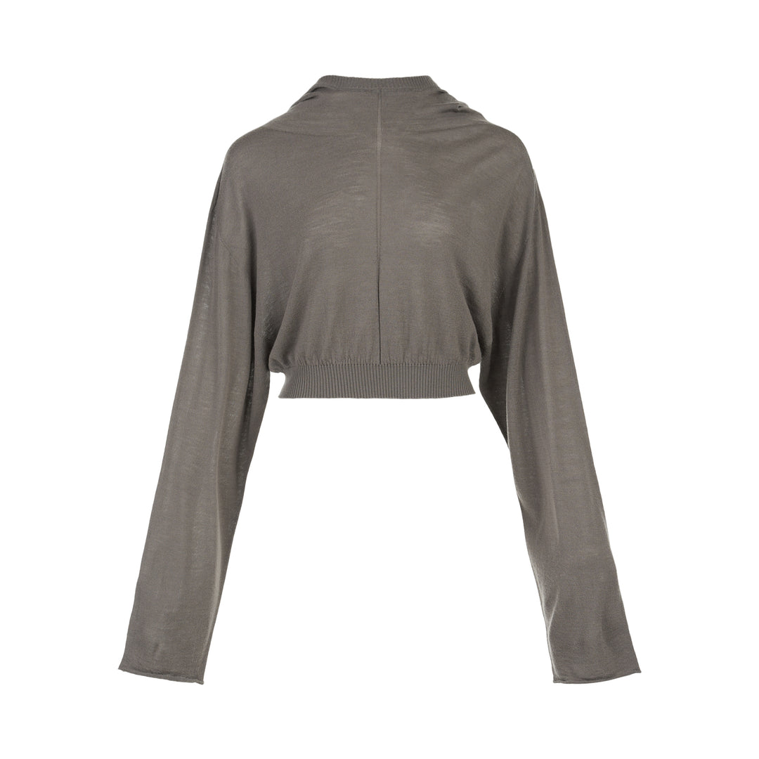 Rick Owens cropped knit sweater in taupe-grey with draped neckline, dolman sleeves and ribbed hem, front view