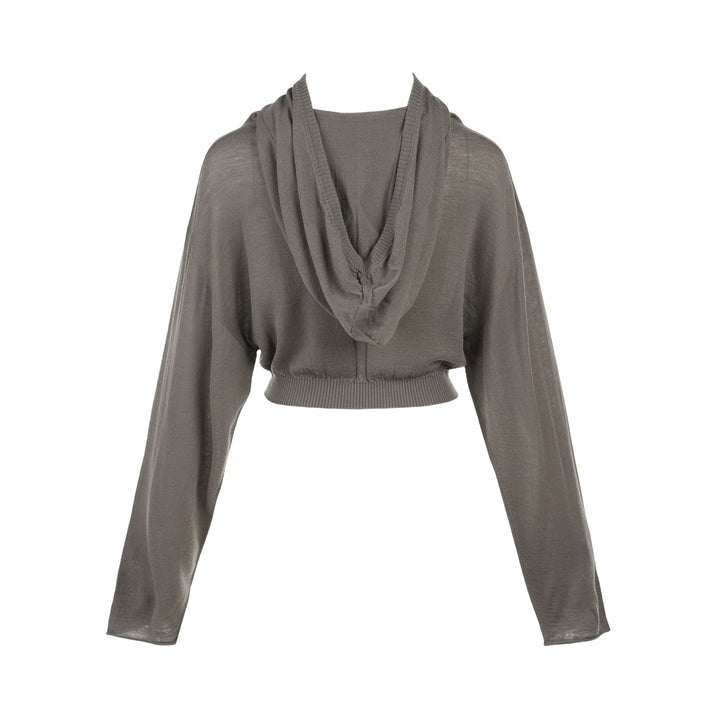 Rick Owens cropped knit sweater in taupe-grey with draped neckline, dolman sleeves and ribbed hem, front view - view 2