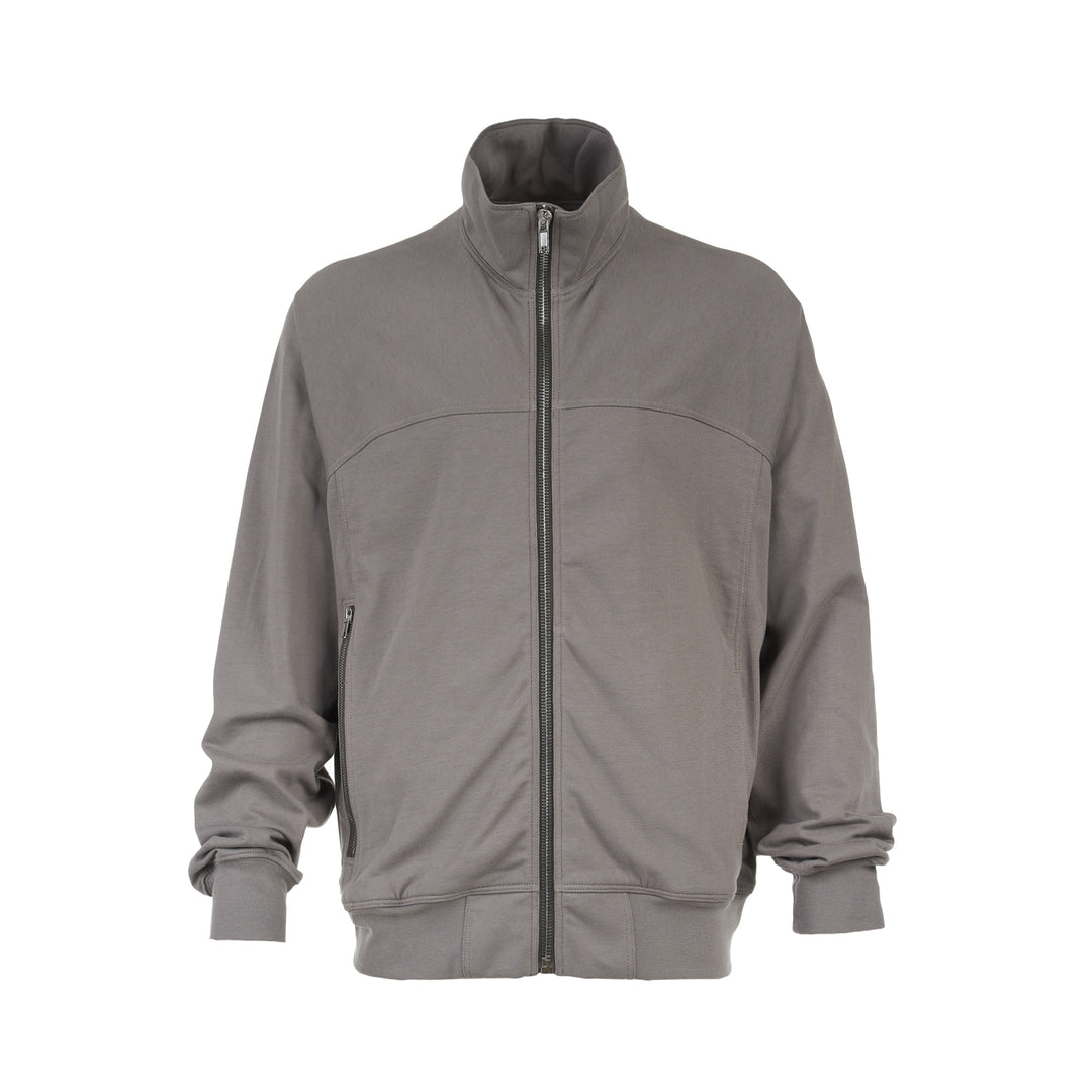 Rick Owens grey zip-up track jacket with funnel collar, curved chest seam, zipped pocket and ribbed cuffs and hem