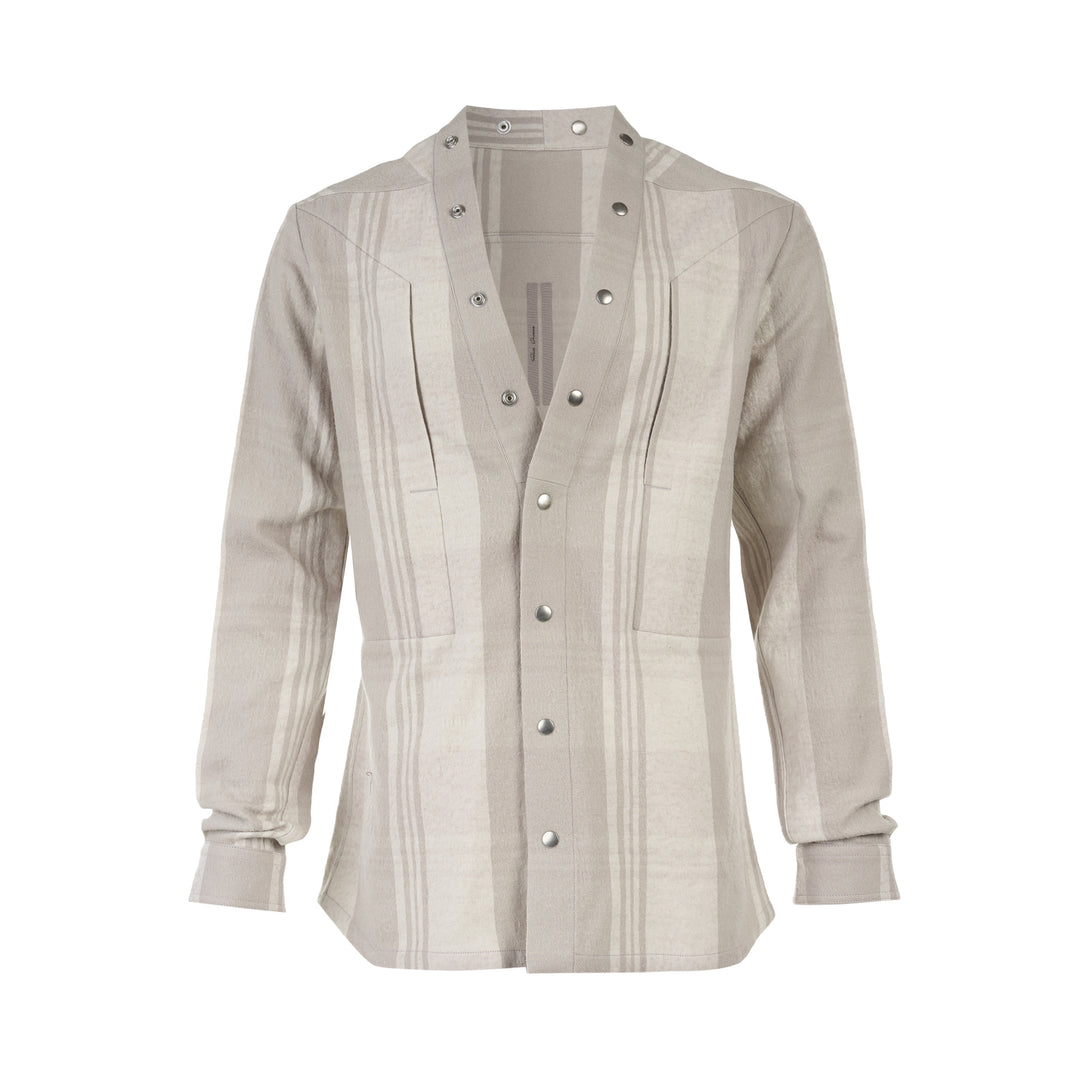Back view of the Rick Owens Larry Fogpocket long sleeve shirt in a warm beige and cream brushed plaid with snap-fastened stand collar and snap cuffs