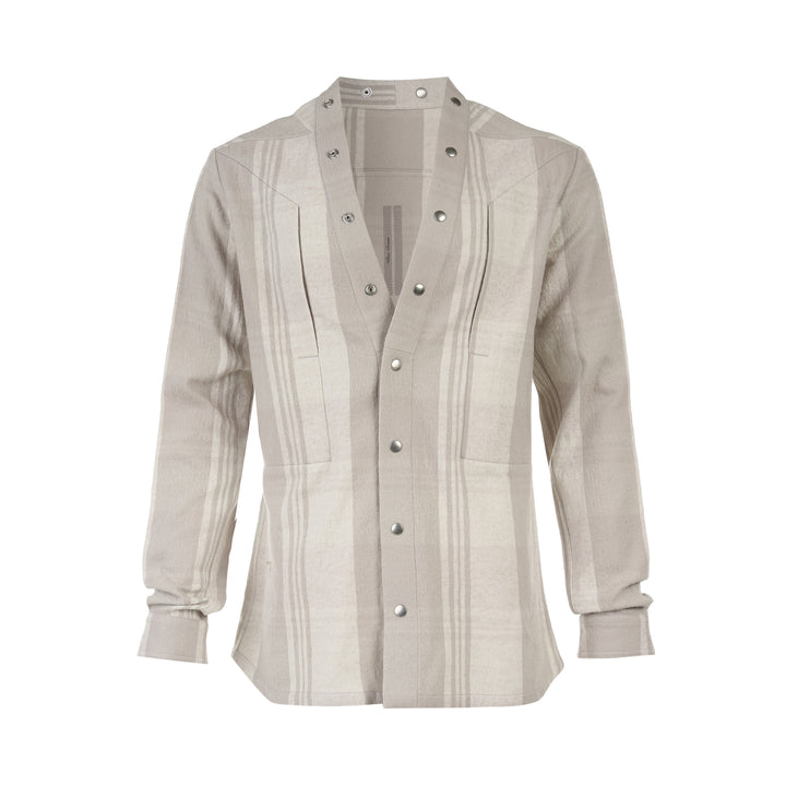 Back view of the Rick Owens Larry Fogpocket long sleeve shirt in a warm beige and cream brushed plaid with snap-fastened stand collar and snap cuffs