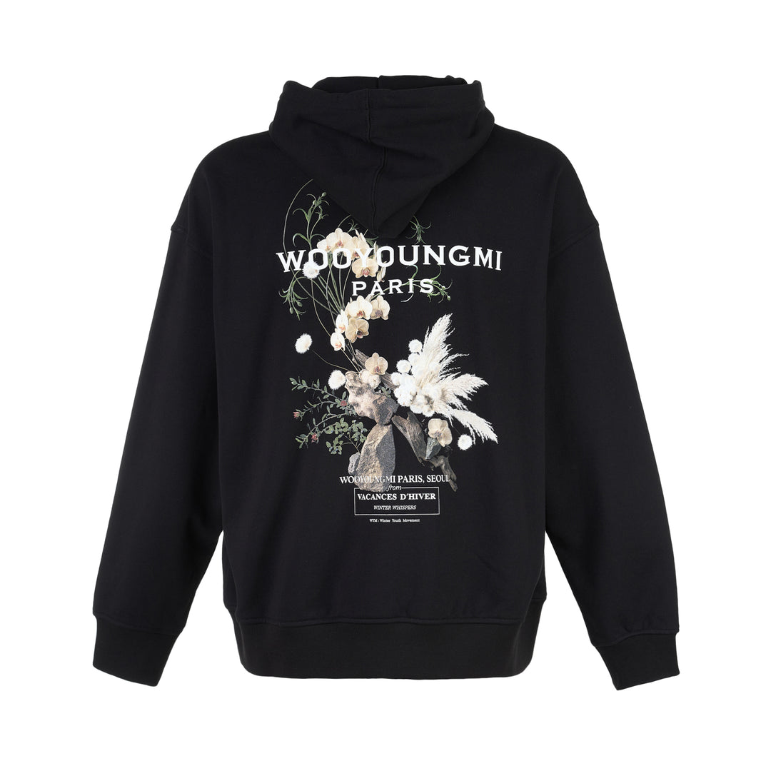 Wooyoungmi black pullover hoodie with drawstring hood, kangaroo pocket and tonal logo patch on the chest - view 2
