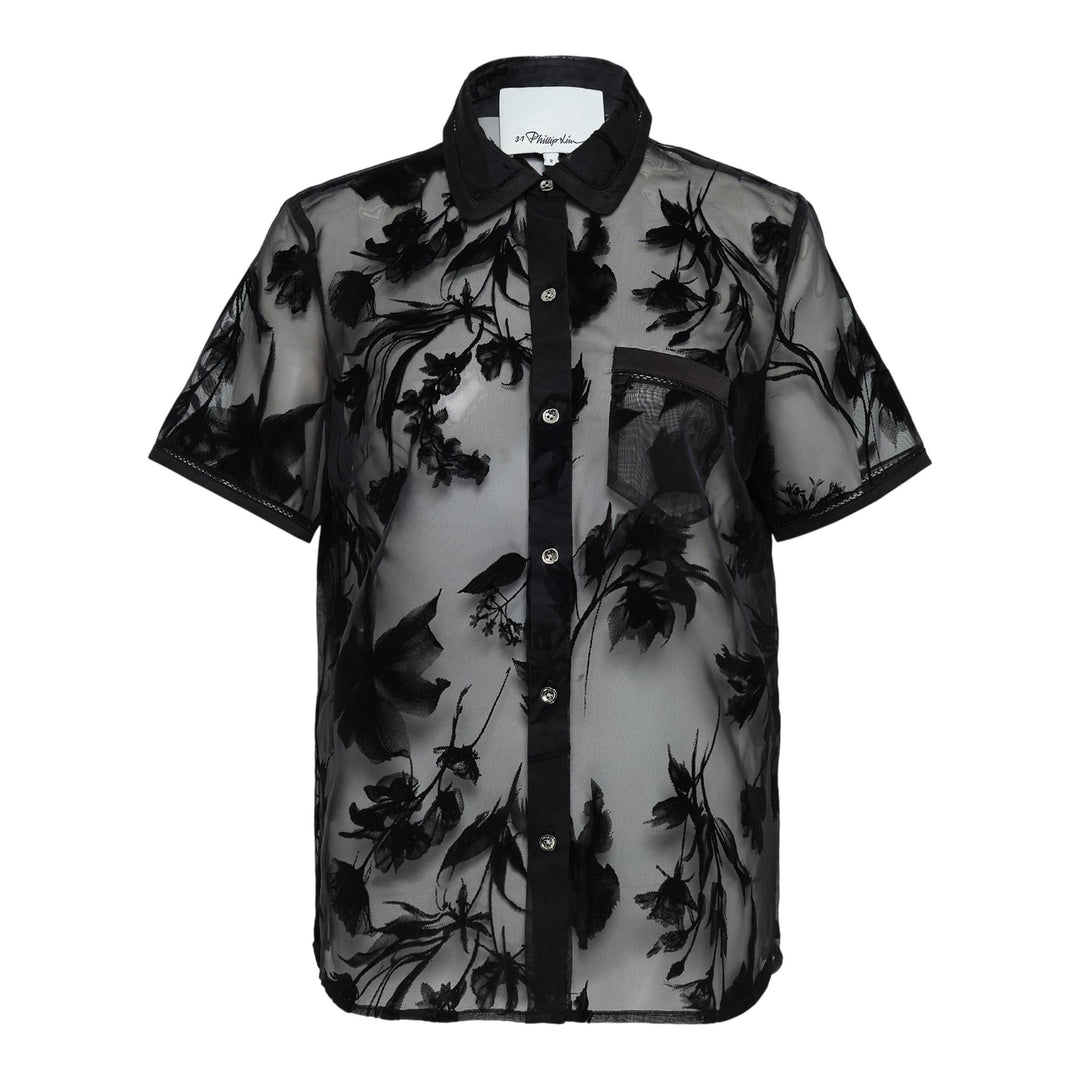 Club21 - 3.1 Phillip Lim - Flocked Organza Short Sleeve Shirt - BLOUSES - Black