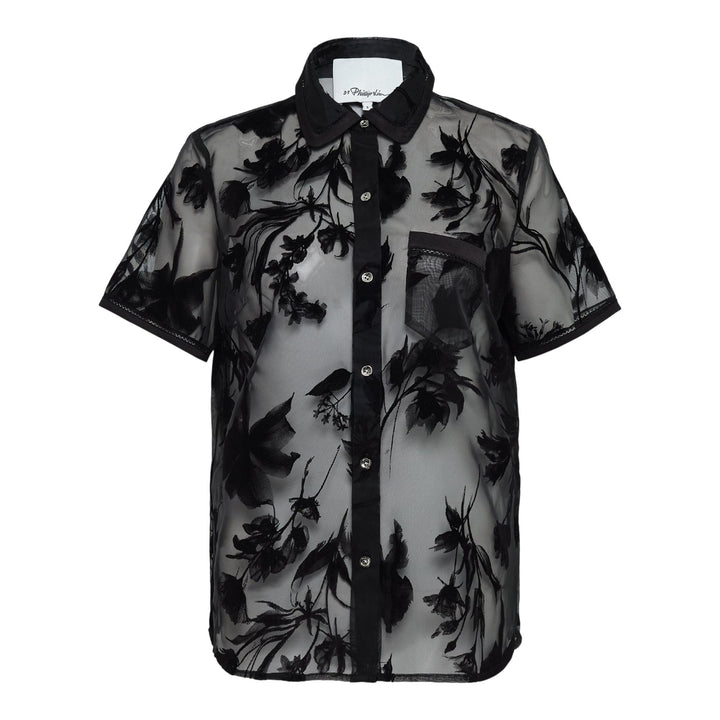 Club21 - 3.1 Phillip Lim - Flocked Organza Short Sleeve Shirt - BLOUSES - Black