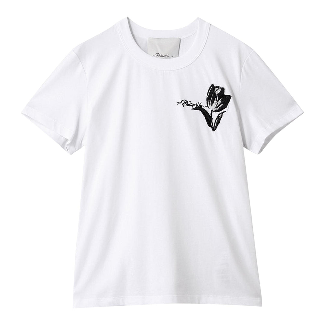 Club21 - 3.1 Phillip Lim - Tulip Embroidered Cropped Short Sleeve Tee - TEES - White