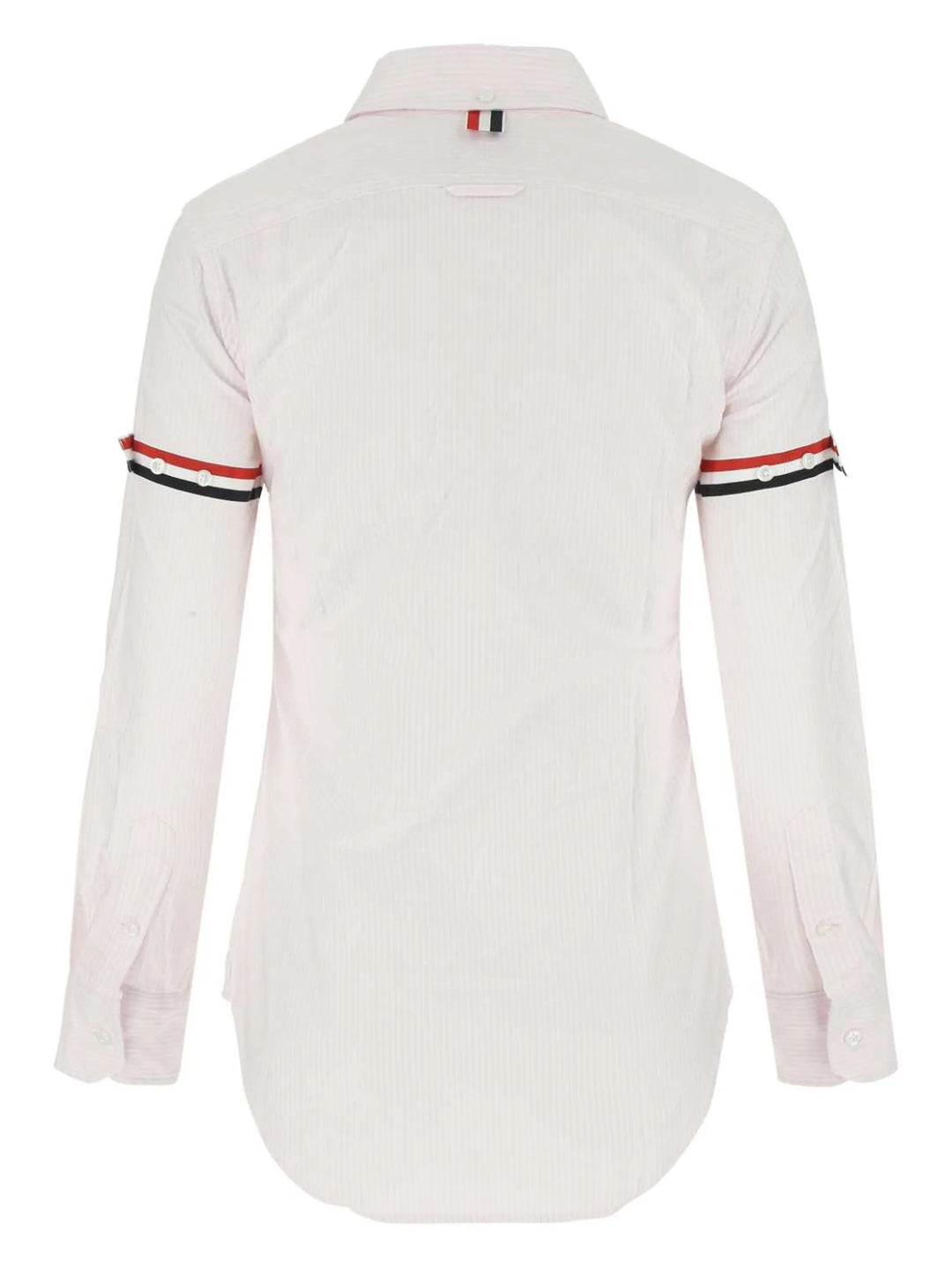 Thom Browne classic long sleeve light blue pinstripe shirt with tricolor grosgrain ribbon armbands, front view on white background