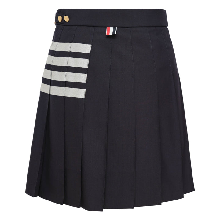 Thom Browne Mini Dropped Back Pleated Skirt in medium grey with white 4-bar stripes and grosgrain ribbon trim