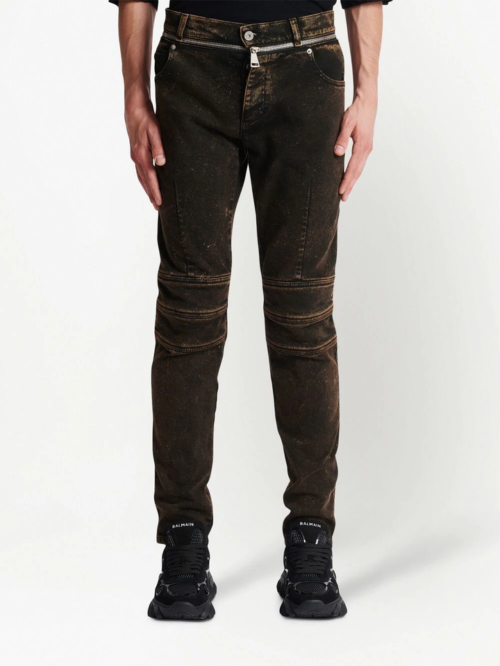 Zipped Belt Dark Brown Denim Pants