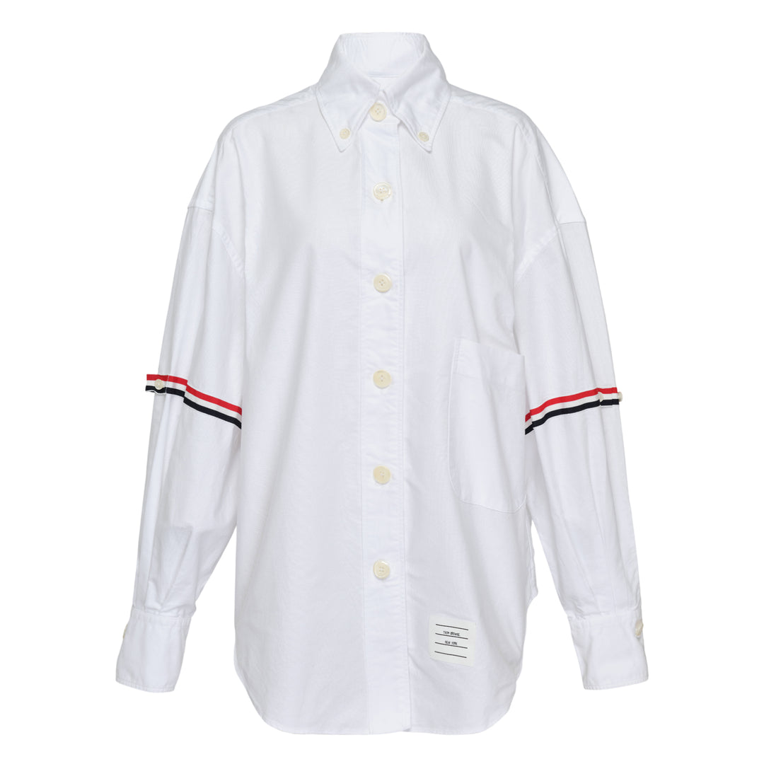 Thom Browne Supersized Point Collar Shirt in white Oxford cotton with RWB grosgrain armband stripe and button-down collar, front view