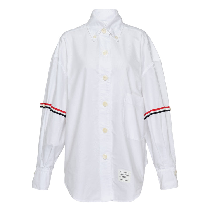 Thom Browne Supersized Point Collar Shirt in white Oxford cotton with RWB grosgrain armband stripe and button-down collar, front view