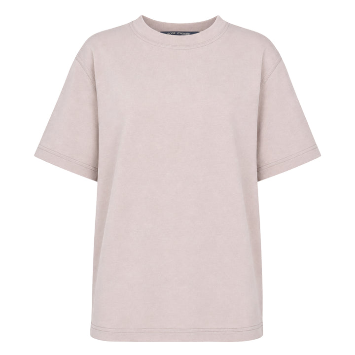 Sofie D'Hoore short sleeve boxy tee in dusty rose with ribbed crew neck and topstitched hem, displayed flat on white background